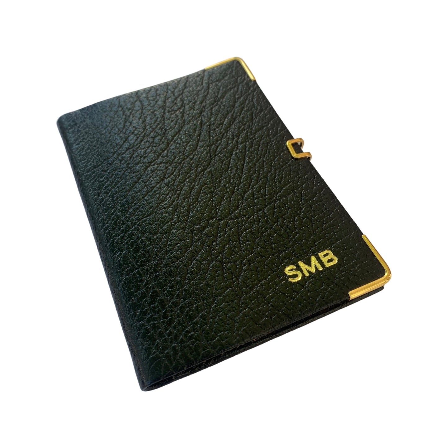 Address Book, 4 by 2.5 | Buffalo Embossed Calf | with Pencil and Gold Clasp | Gold Corners | Black