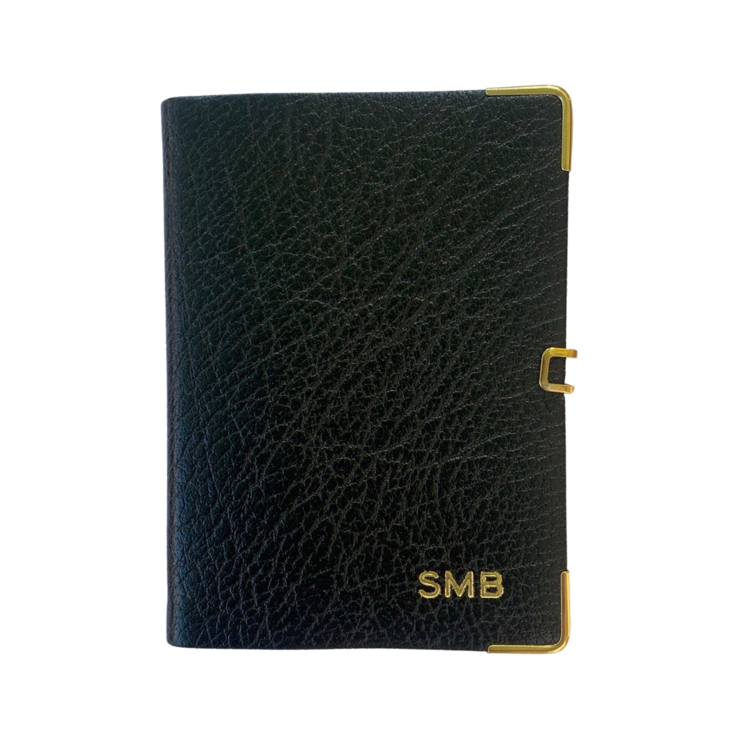 Address Book, 4 by 2.5 | Buffalo Embossed Calf | with Pencil and Gold Clasp | Gold Corners | Black