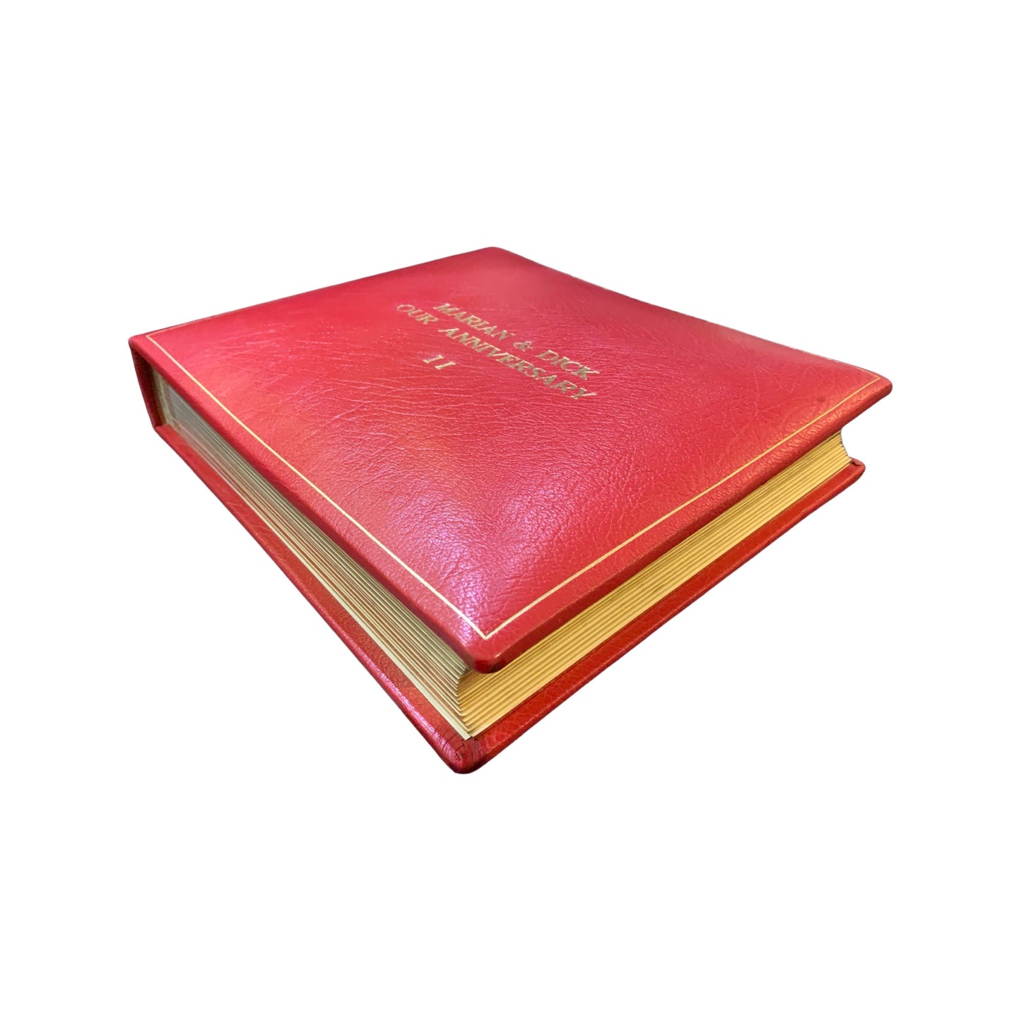Leatherbound Scrapbook | Photo Album | Scarlet Embossed Calf | Thick Pages | 10" x 12" | MARIAN & DICK | 3 Lines of Text