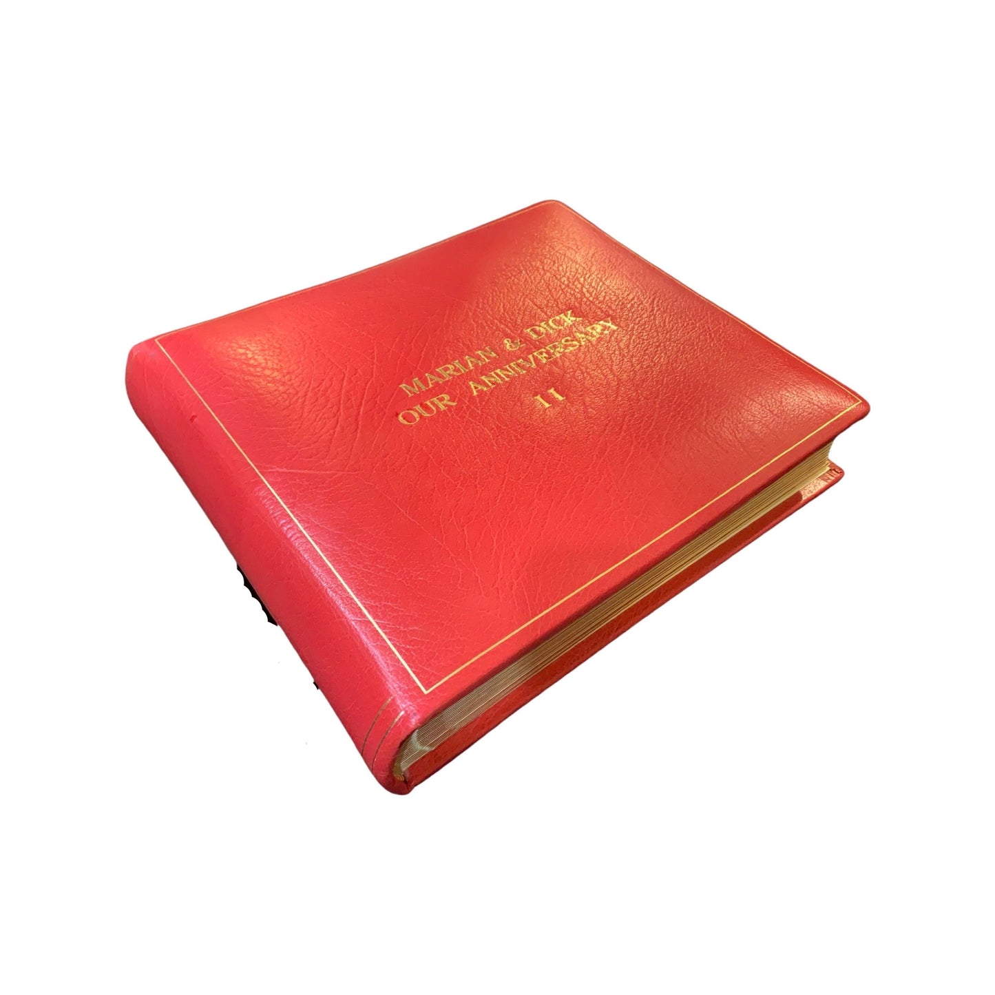 Leatherbound Scrapbook | Photo Album | Scarlet Embossed Calf | Thick Pages | 10" x 12" | MARIAN & DICK | 3 Lines of Text