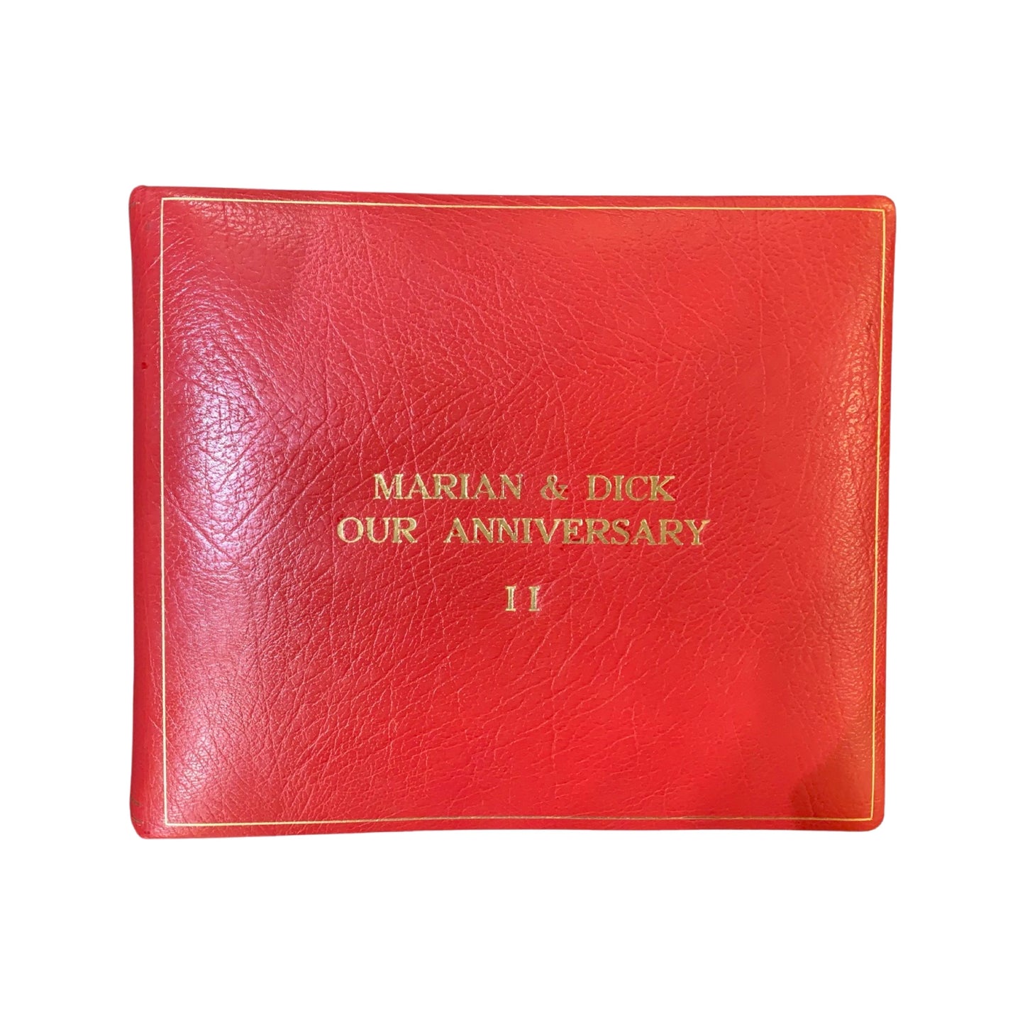 Leatherbound Scrapbook | Photo Album | Scarlet Embossed Calf | Thick Pages | 10" x 12" | MARIAN & DICK | 3 Lines of Text