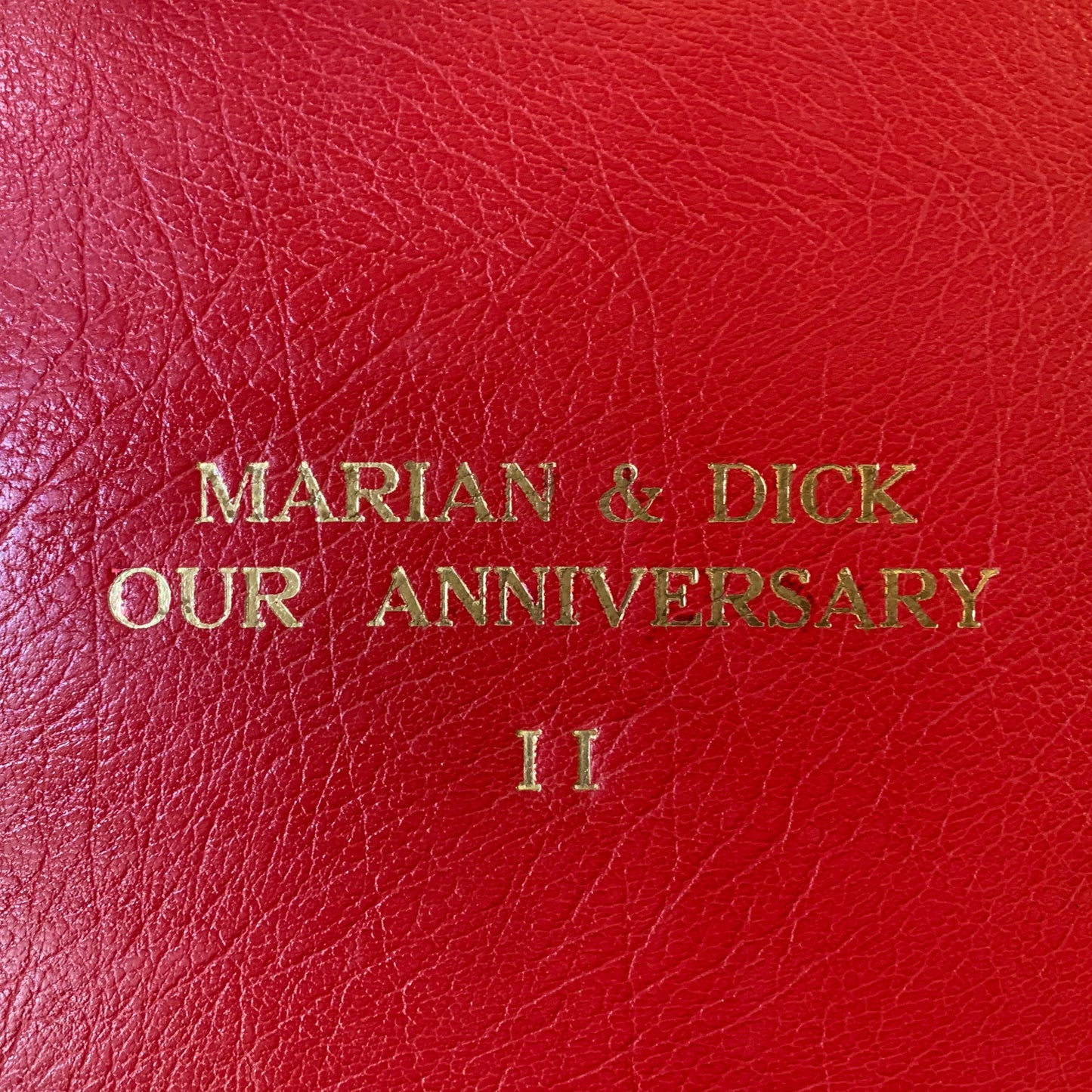 Leatherbound Scrapbook | Photo Album | Scarlet Embossed Calf | Thick Pages | 10" x 12" | MARIAN & DICK | 3 Lines of Text