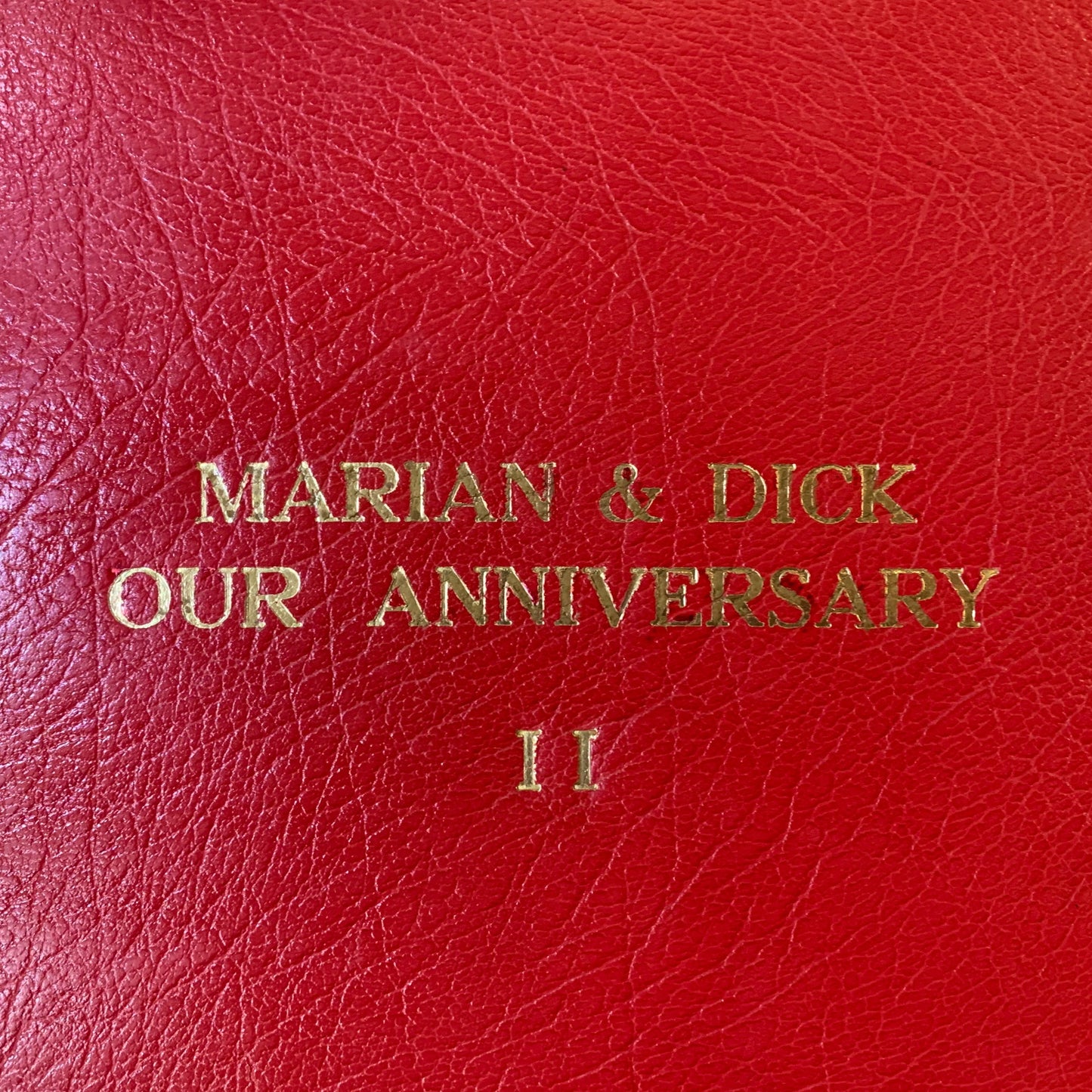 Leatherbound Scrapbook | Photo Album | Scarlet Embossed Calf | Thick Pages | 10" x 12" | MARIAN & DICK | 3 Lines of Text