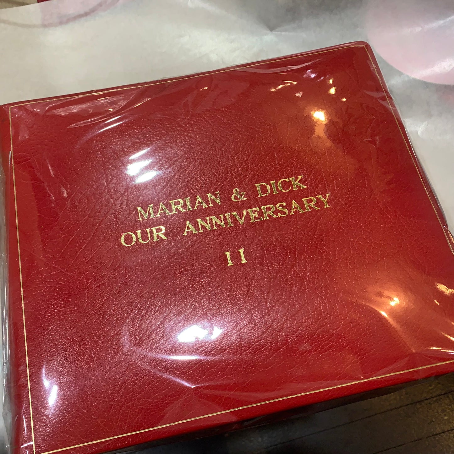 Leatherbound Scrapbook | Photo Album | Scarlet Embossed Calf | Thick Pages | 10" x 12" | MARIAN & DICK | 3 Lines of Text