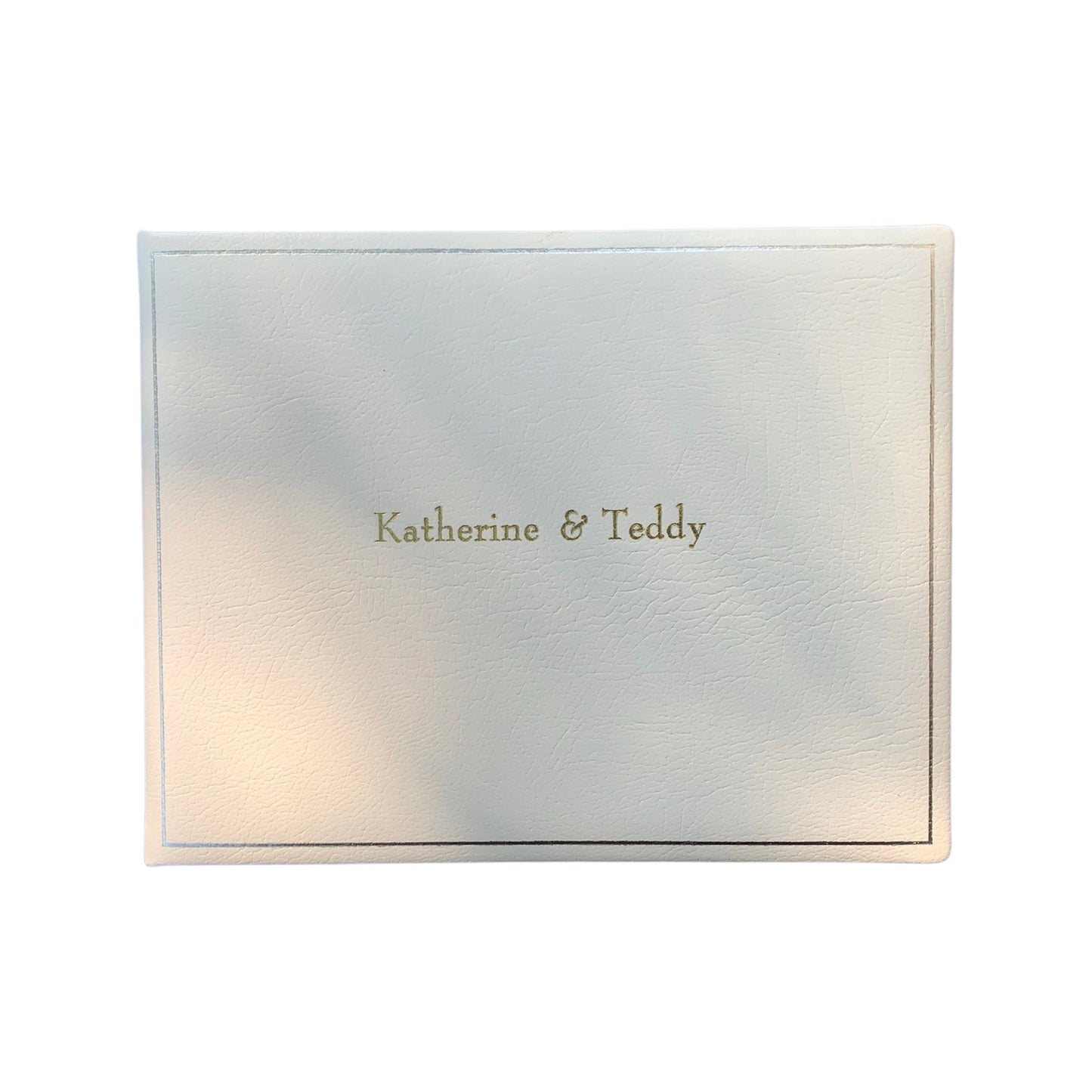 Classic White Leather Wedding Guest Book | Katherine & Teddy | 7 by 9 Inches Horizontal | Buffalo Embossed Calf Leather | GUESTS
